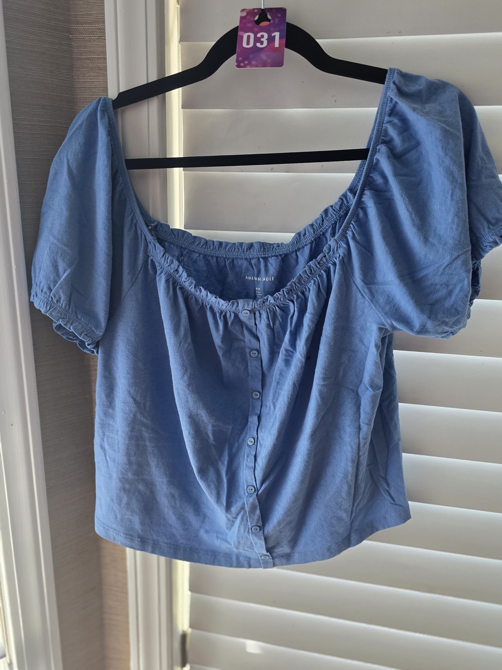 American Eagle new day Light Blue Button-Front Puff Sleeve Blouse